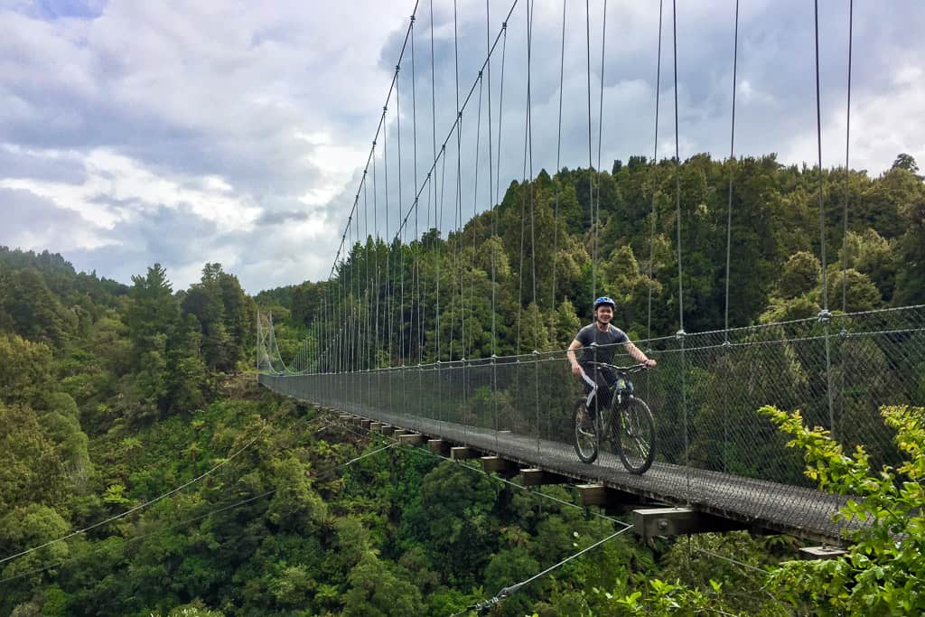 mountain biking on the timber trail's highest bridge 